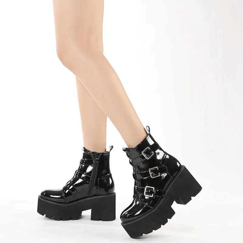 Lace-up Belt Buckle Ankle Women's Boots New Thick Sole Chunky Heel Motorcycle Boots 2021 Autumn Winter Footwear