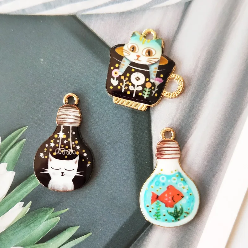 

10pcs/pack Mini Cup Cat Bulb Enamel Charms Drop Oil Metal Pendants Jewelry Earring Bracelets DIY Jewelry Making Golden Base