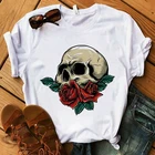Женская футболка с коротким рукавом, футболка с принтом черепа и цветов в стиле Харадзюку, лето 2021