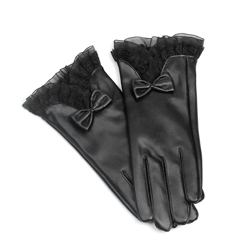 

Lady Glove Lace Bowknot Winter Warm Women Faux Leather Full Finger Ski Gloves M5TC