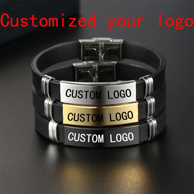 Модный кожаный браслет для мужчин черный из нержавеющей стали с логотипом сделай