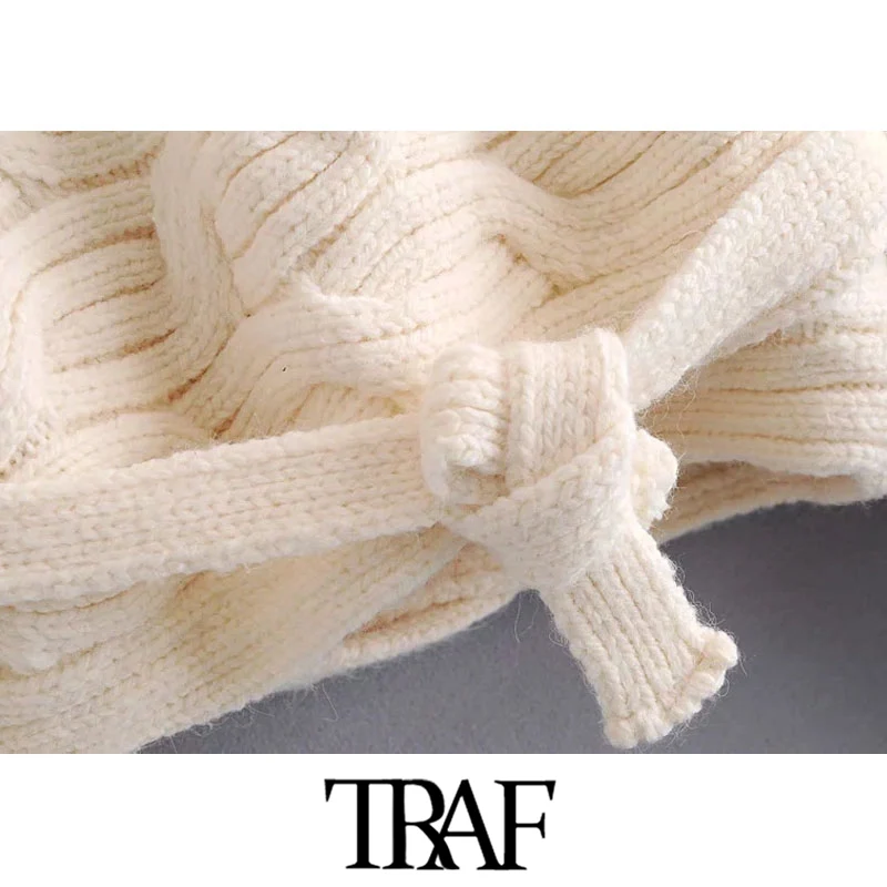 

TRAF Women Fashion Wrap Tied Hem Cropped Cable-Knit Cardigan Sweater Vintage Long Sleeve Female Outerwear Chic Tops