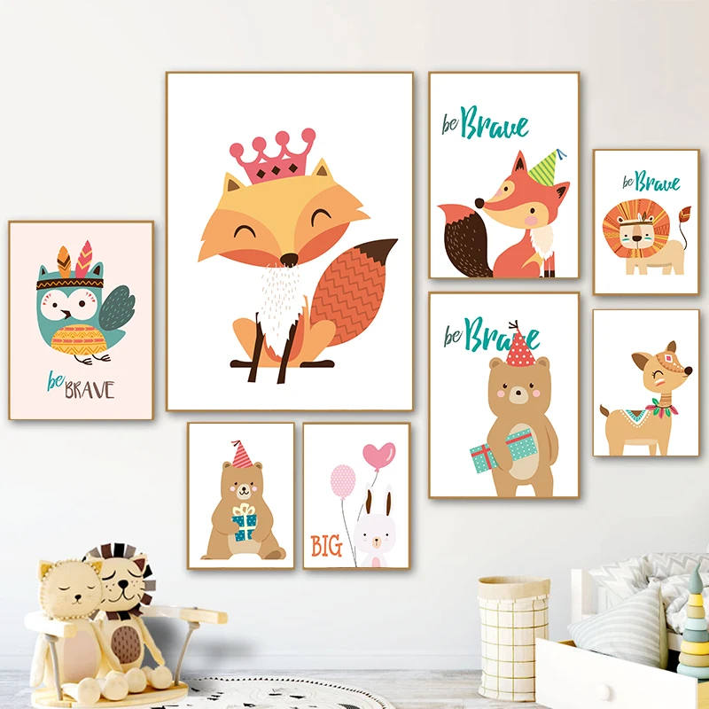 Настенная картина для детской комнаты с изображением медведя кролика лисы оленя