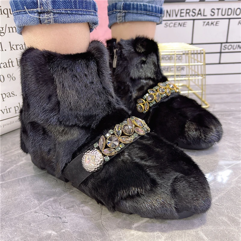 

Black Women Furry Ankle Boots Crystal Short Booties 2023 New Winter Warm Bota Feminina Mink Fur Snow Boots Flat Shoes Woman