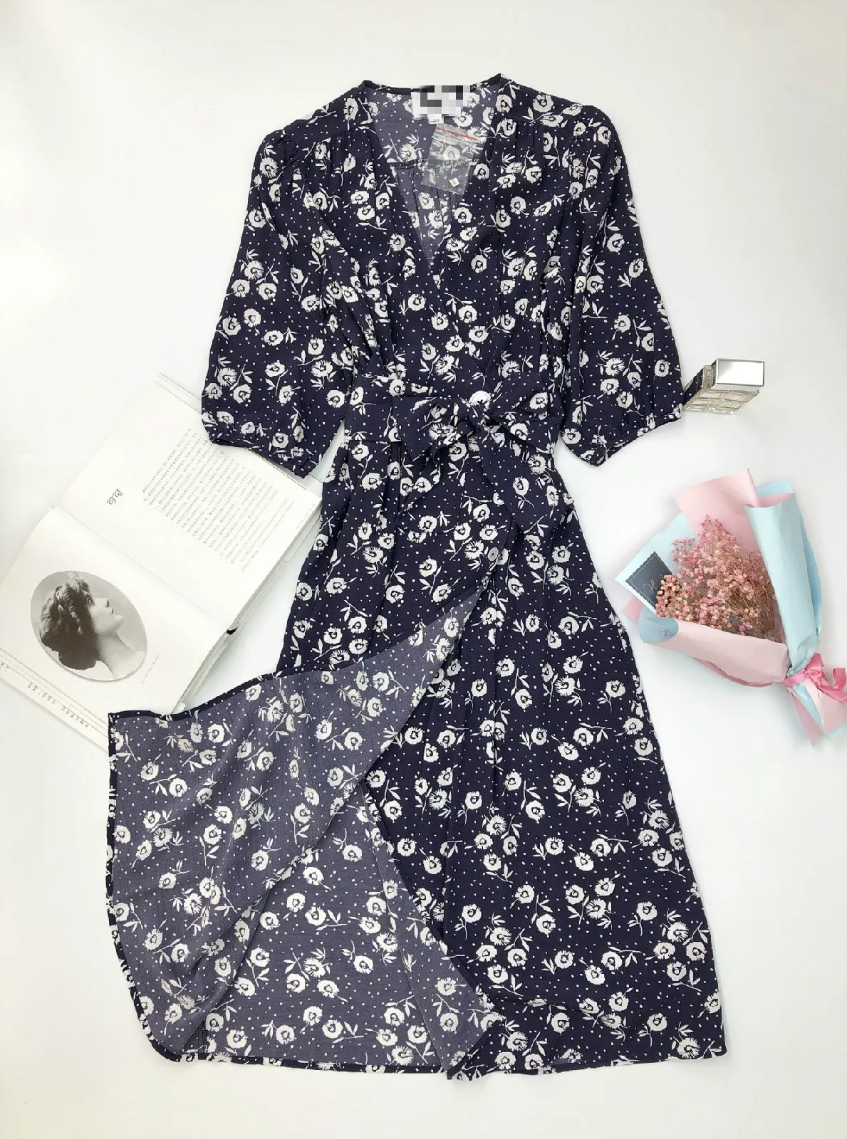 dark blue Четыре цвета Французский цветок с коротким рукавом женское платье миди с запахом летнее платье миди с v-образным вырезом - Цвет: dark blue