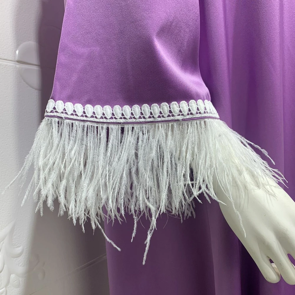 

MD Abayas For Women Muslim Fashion Dubai Turkey Maxi Dress Tassel Feather Purple Evening Gowns 2021 New Caftan Marocain Djellaba