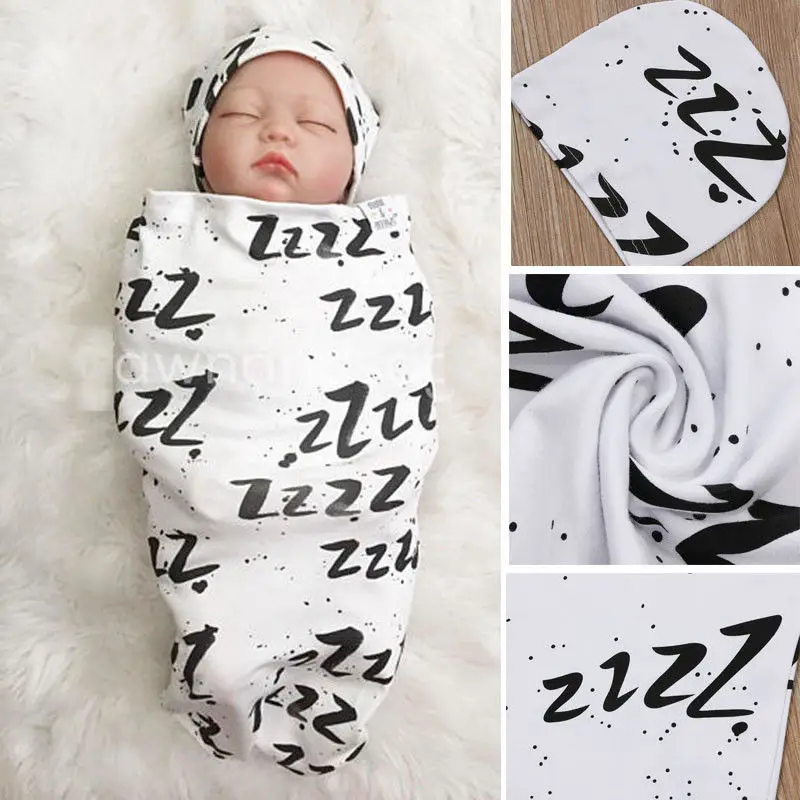 Brand New Fashion Cute Newborn Baby Infant White Swaddle Wrap Swaddling Sleeping Bag+Hat 2Pcs Sleeped Printed Sets 0-3M | Мать и ребенок