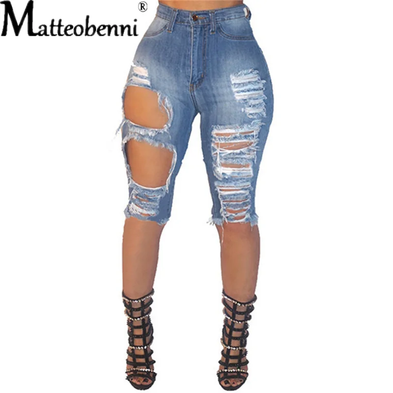 

Summer Sexy Women Ripped Denim Shorts High Waist Holes Draped Destroy Stretch Bodycon Pencil Slim Knee-Length Shorts Streetwear