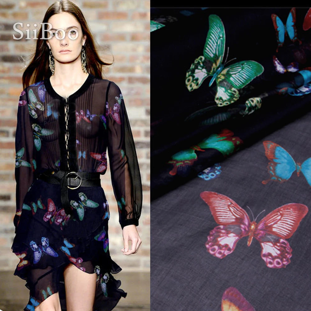 

Пасторальный принт бабочки 100% натуральный шелк шифоновая ткань для платья шифоновая ткань stoffen telas de seda 8 мм SP4351