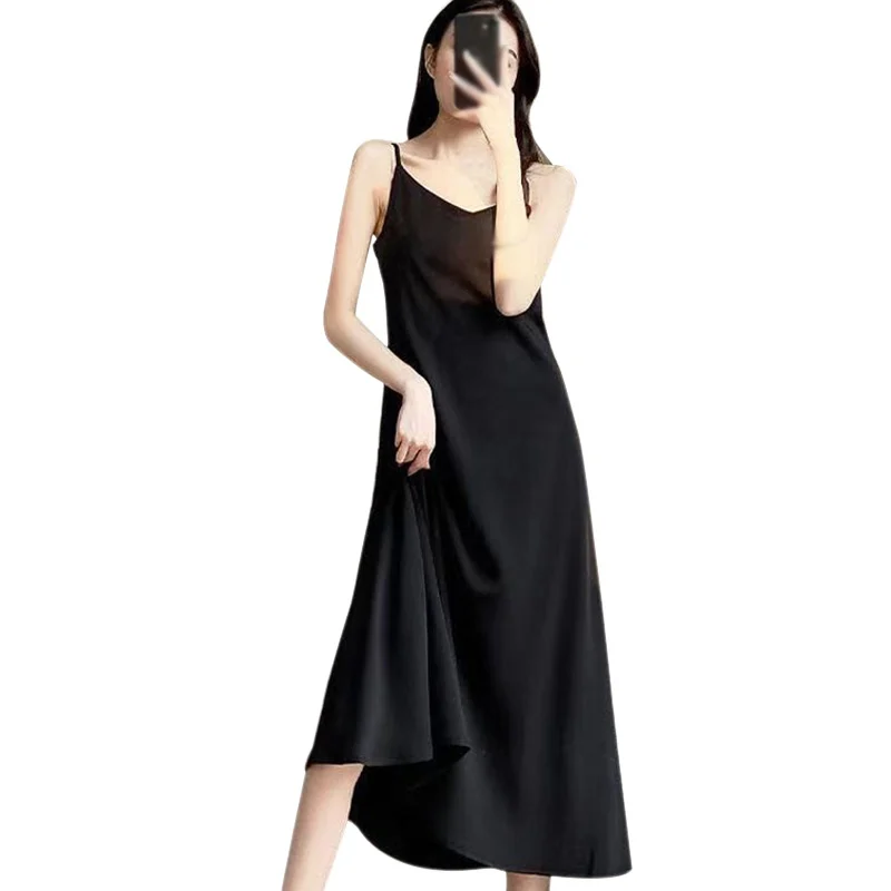 

2021 Korean Style Female V Neck Sexy Summer Dress Retro Slim Solid Elegant Long Style Suspender Dress Casual Women's Dress