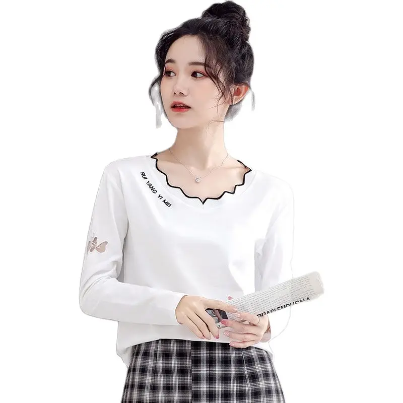 

T-shirt Tops Shirt White loose woman long-sleeved v-neck cotton printing spring of 2021 the new western style upper garment