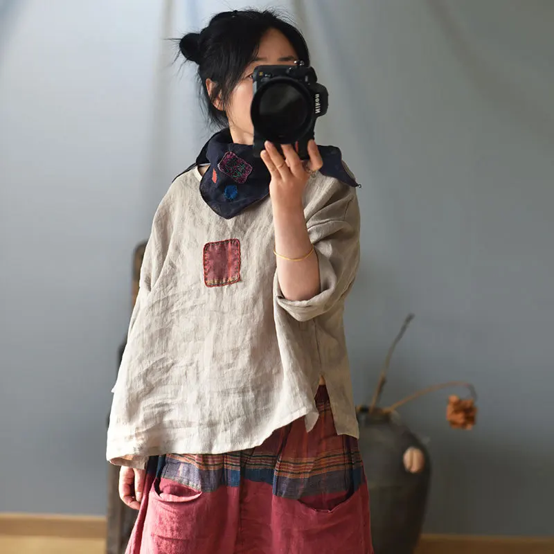 

Women Vintage Patch T-Shirts Linen Original Summer Clothes 2021 New Loose Chinese Style Solid Color Female T-Shirts