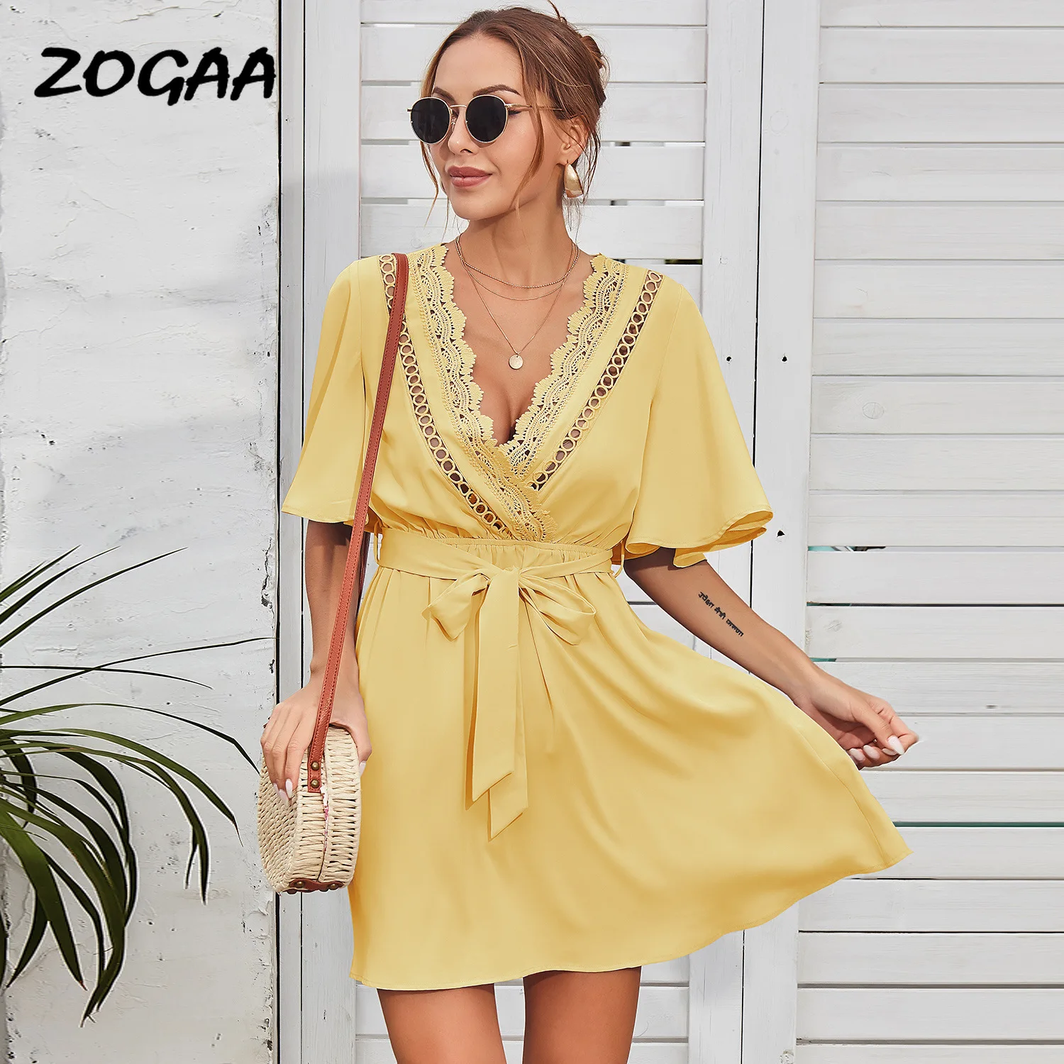 

ZOGAA Dress Women Summer Lace Stitching Deep V-Neck Mini Hollow Out A-LINE Beach Style Boho Sexy Fashion Leisure Chic New Female