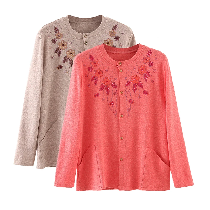 

Spring Autumn Women Jacket Tops Middle-Aged Elderly Mothers Cotton Embroidery Shirt Coat Cardigan Outerwear Bottoming Shirt