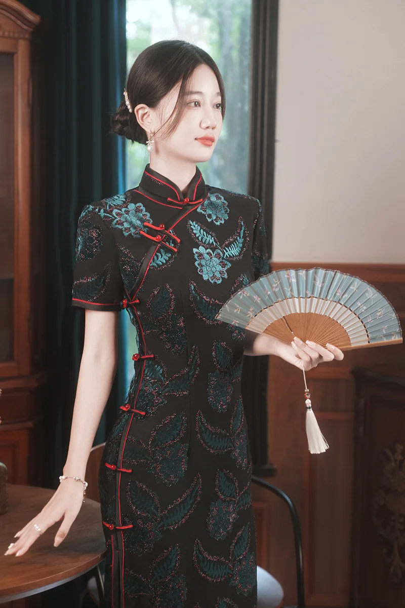 FZSLCYIYI Повседневный Ретро короткий рукав Флокирование жаккард Элегантный тонкий