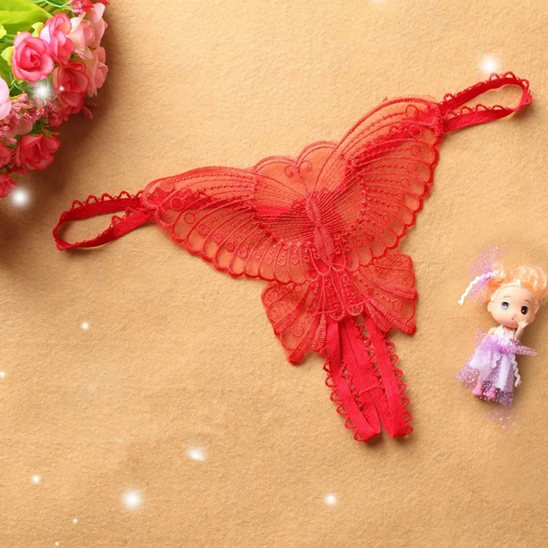 Женские стринги Butterfly Привлекательные трусики кружева без косточек G стринги Прозрачное нижнее белье женские шорты Нижнее белье Танга микро трусики - Цвет: Красный