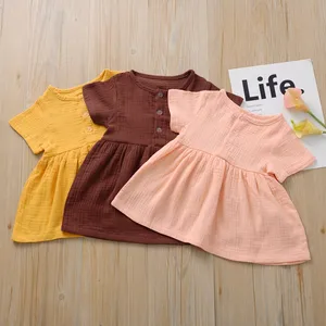 Kids Summer Pure color Baby Girls 6M-3T Cotton Linen Dress Fashion Plain Short sleeve Mini Sundress Party A-line Vestido Clothes
