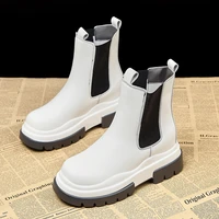 women boots high quality ankle boots for women motorcycle boots thick heel platform shoes slip on round toe botas de mujer white
