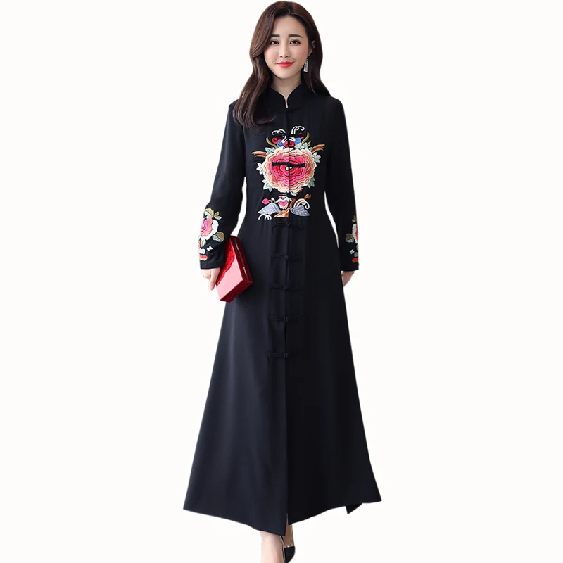 

black Embroidery Ankle-Length dress women Chinese Style Long sleeve Stand dress Spring new vintage Single-breasted Long dress
