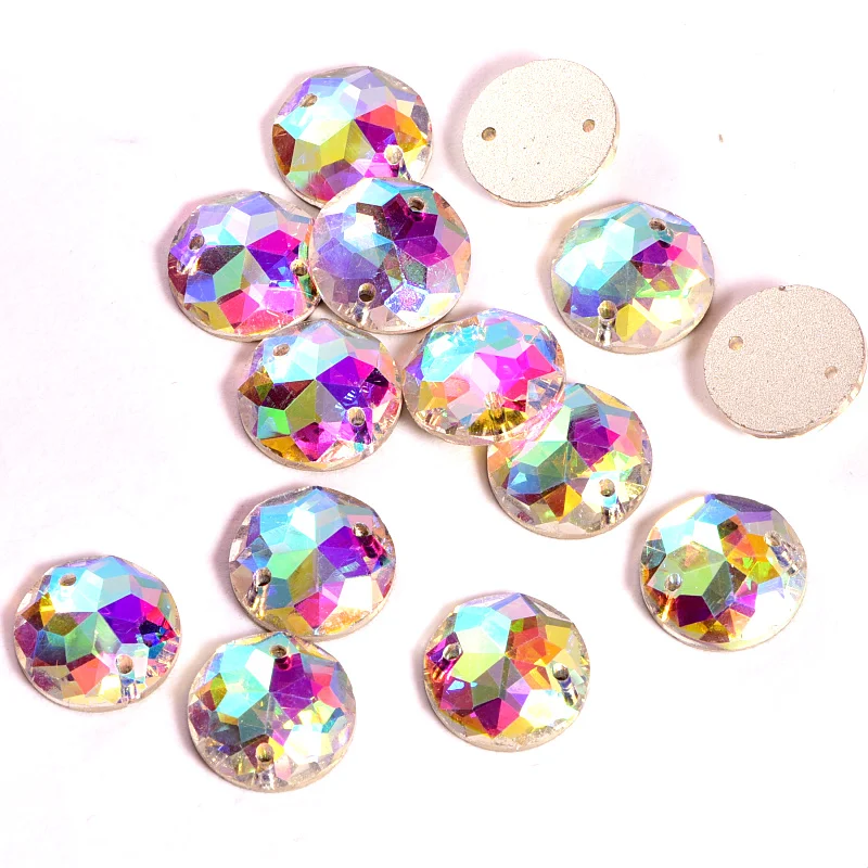 36pcs 14mm Glass Strass Crystal AB Round Gird Sew On Rhinestones White Holes Sew-on Stones For Clothes Decoration B1012 | Дом и сад