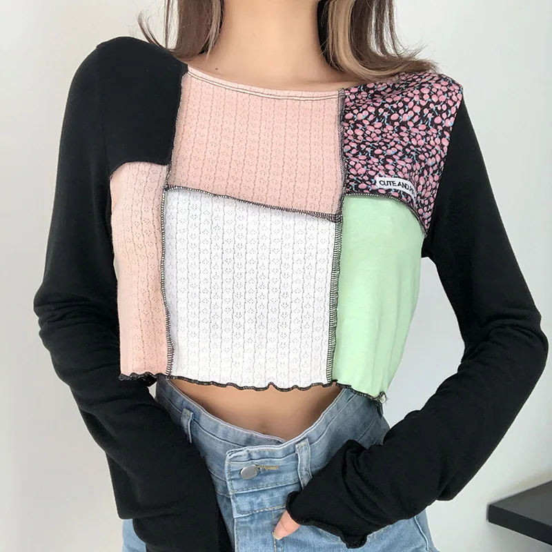 

Contrast Patchwork Straight Short Top Woman Long Sleeve Loose Casual Ladies T-Shirt Femme Streetwear Clothes Floral Pullovers