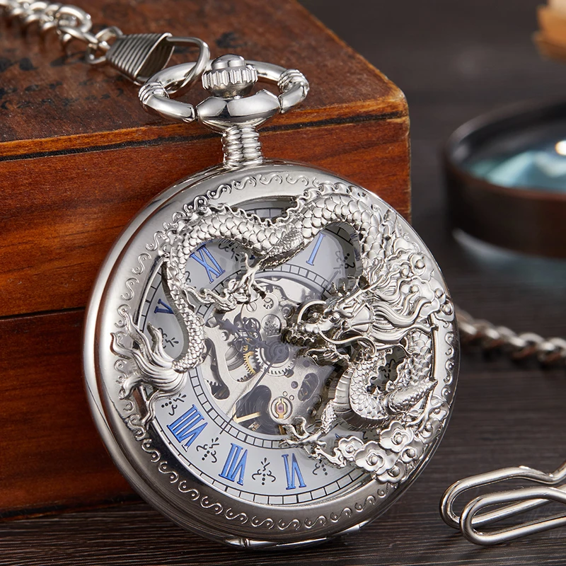 Dragon Pattern Hollow Mechanical Pocket Watch Antique Steampunk Skeleton Dial Fob Chain Clock for Men Women Gift Dropshipping