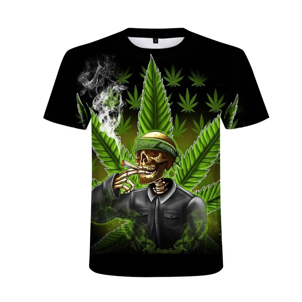 

Personality anthropomorphic smoking natural weed 3D T-shirt, fresh leaves, bird summer parent-child cool round neck top size