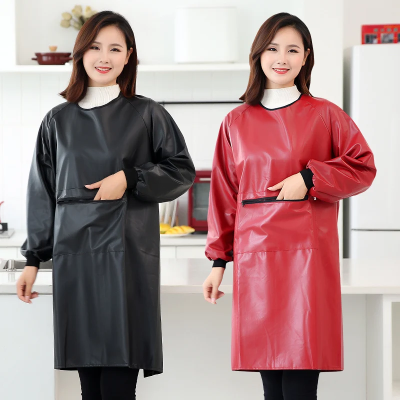 Long-sleeve PU Leather Apron Kitchen Cooking Pet Shop Waterproof And Oil-proof Soft Anti-wear Gown For Adults Women's Overall