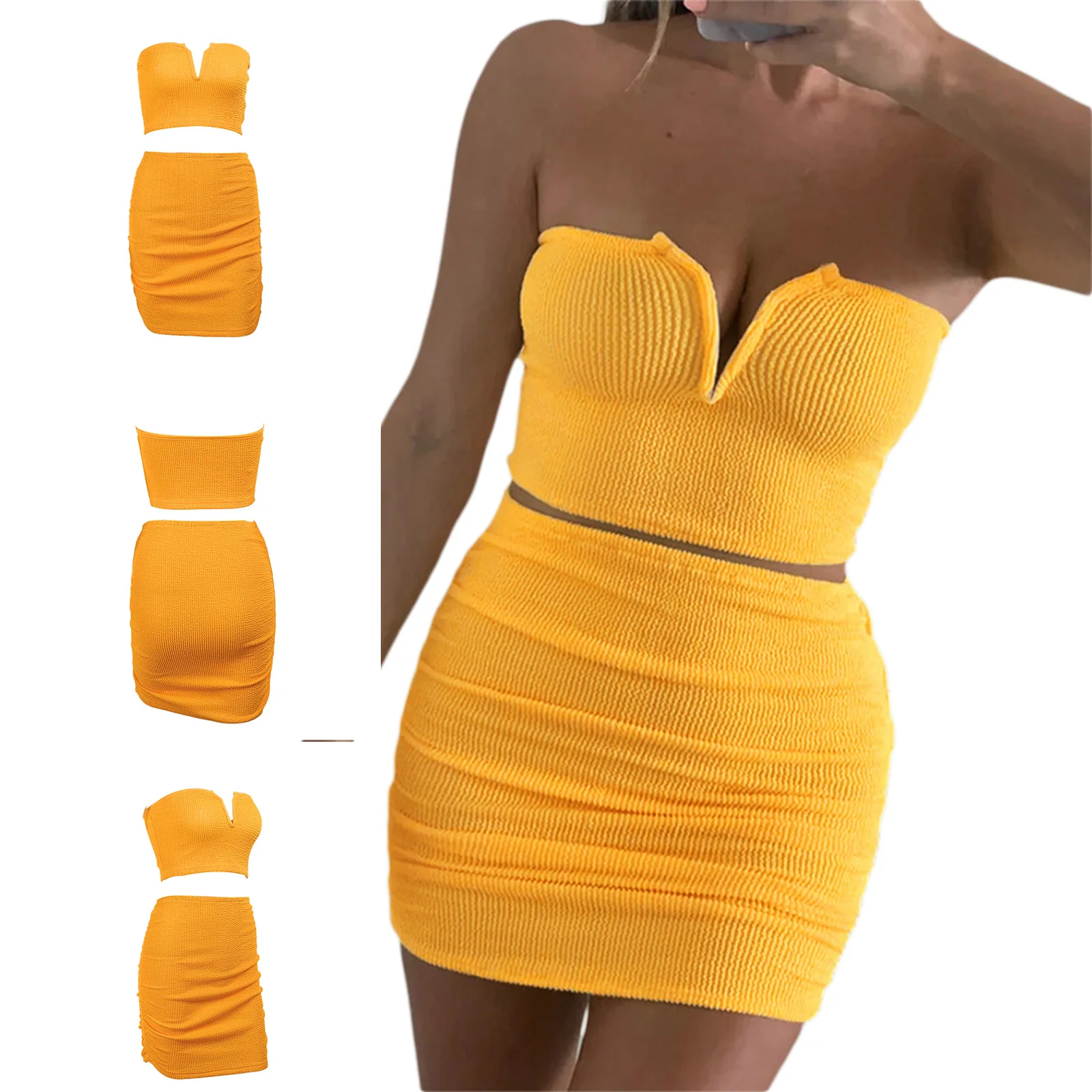 

New Arrival Stylish 2Pcs Women Summer Outfit, Solid Color Strapless V-Neck Crop Tops + High-Waist Short Skirt for Girls, Yellow