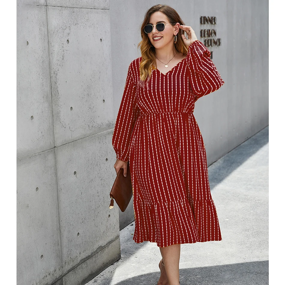 

GXDS Plus Size Women's Fall 2021 Thin Loose And Thin Striped Dress Women's V-Neck Long Sleeve Women's Casual Lotus Sleeve Dress