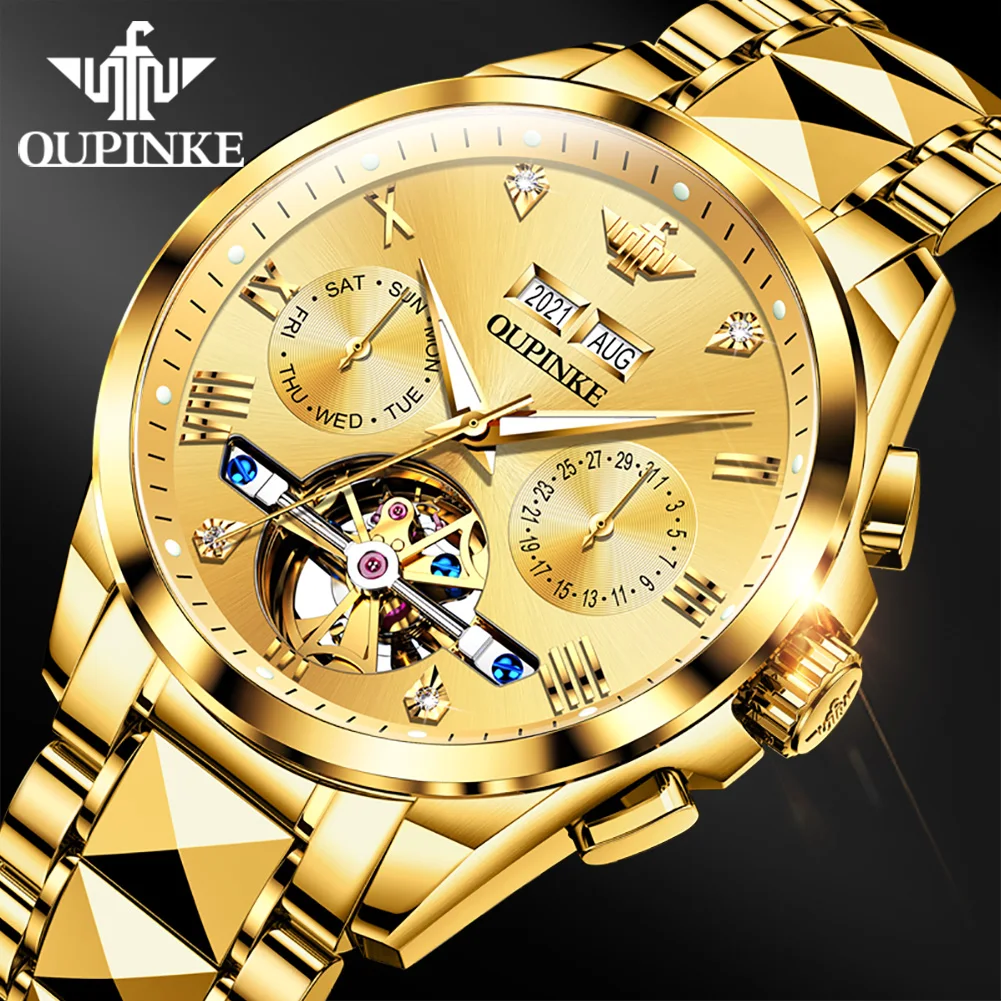OUPINKE 40mm Gold Men's Mechanical Watches 50M Waterproof Top Brand Sapphire Glass Stainless Steel Business Men's Watch