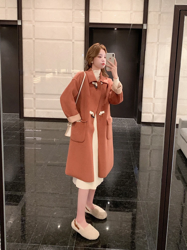 

Horn Button Woolen Coat Women's Long Autumn And Winter Clothing 2020 New Loose And Thin Woolen Coat