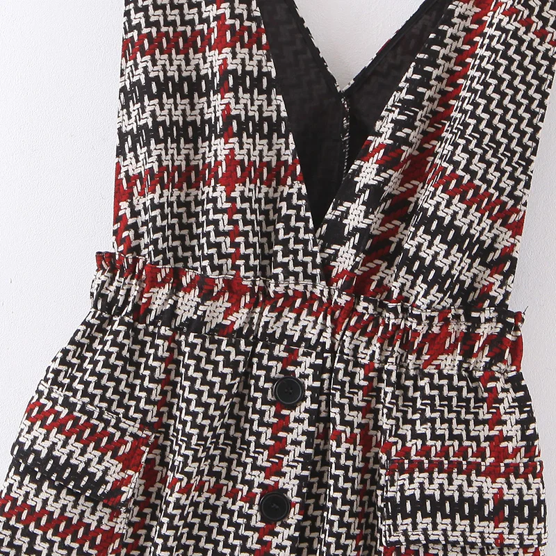 Женское винтажное мини-платье в клетку без рукавов с v-образным вырезом и