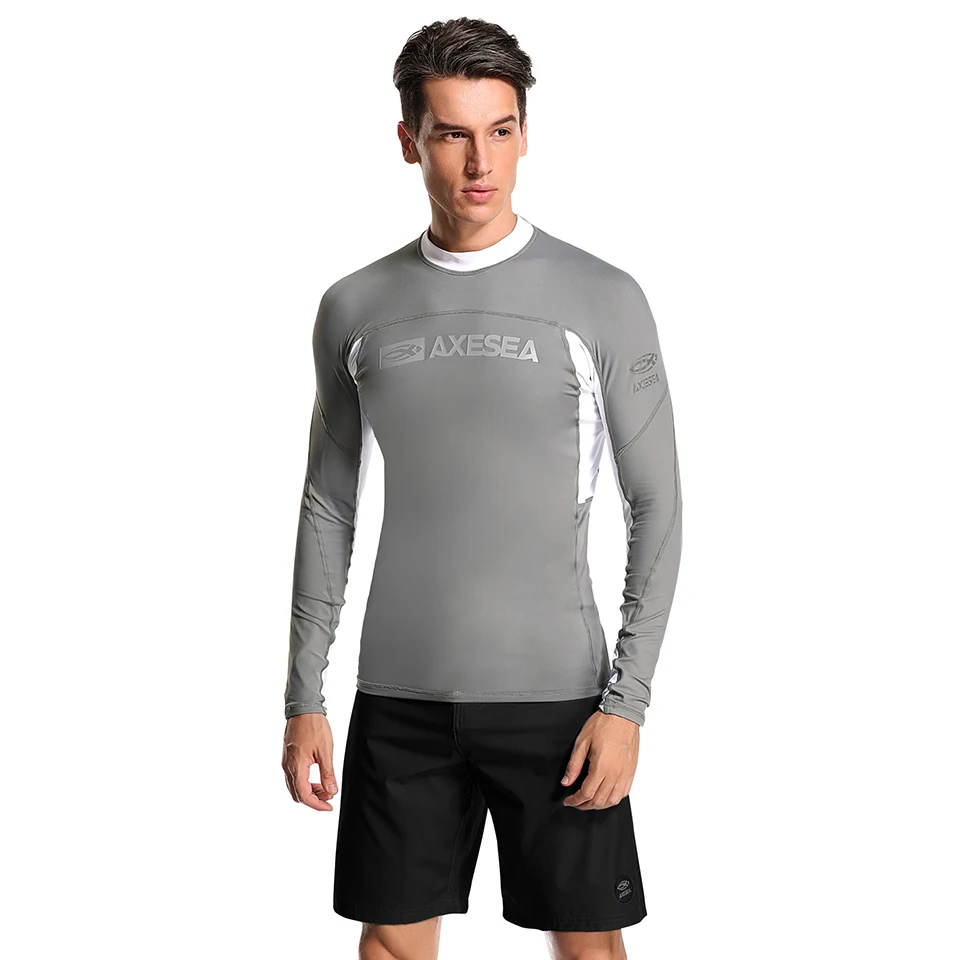 AXESEA Men Rash Guard Patchwork Swimwear Long Sleeve Rashguard Sun Protection Swimsuit Surfing Shirt Top UPF50+ Sport Beachwear