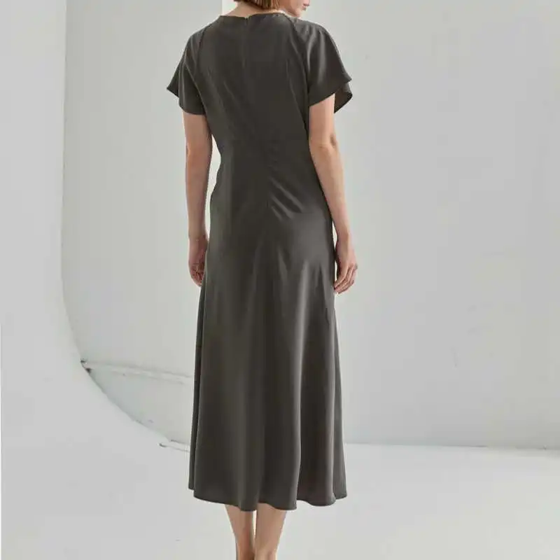

elegant temperament hollow out pleated woman dress casual simple high waist design vestidos solid aesthetic all-matsh dresses
