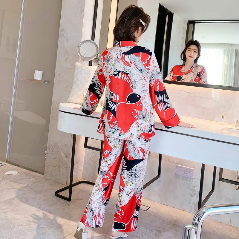 QWEEK Silk Like Pajamas for Women Chinese Style Pijamas Autumn 2 Piece Set Cartoon Print Sleepwear Loungewear Pyjamas Female Pjs