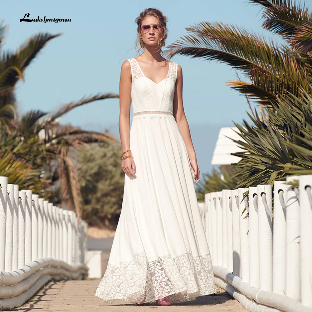 

Простое пляжное свадебное платье в пол цвета слоновой кости с V-образным вырезом, свадебное платье в стиле бохо 2021, свадебное платье с открыт...