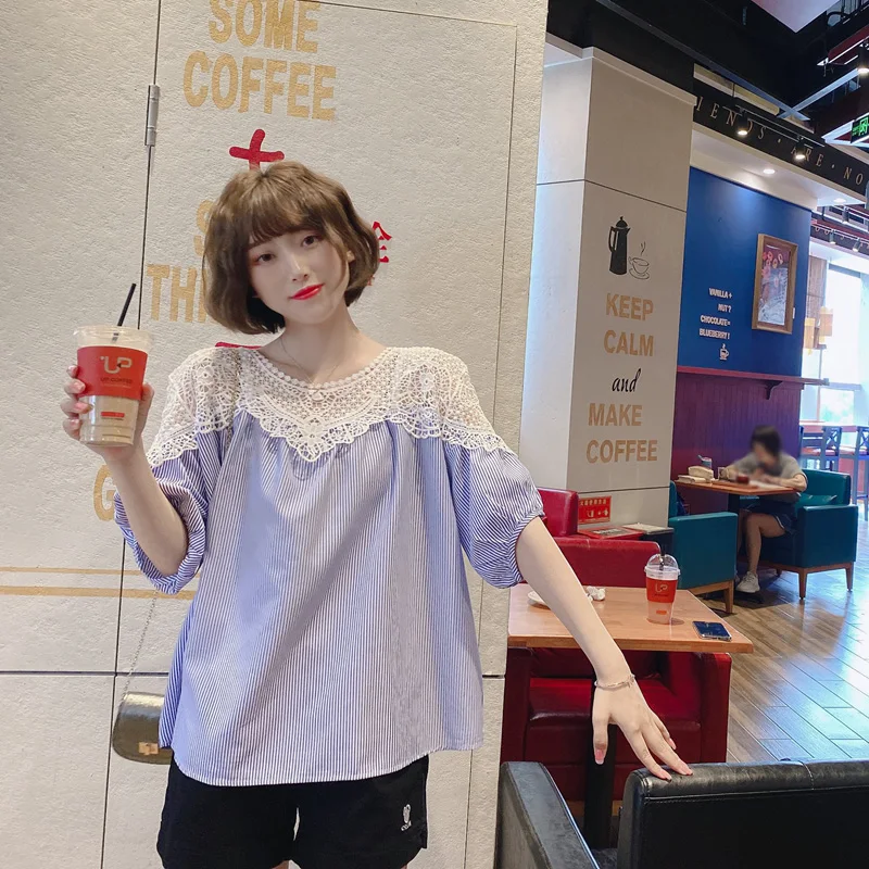 

Lamtrip Hook Lace Patchwork Striped Puff Sleeve Loose Doll Shirt Kawaii 2021 Summer