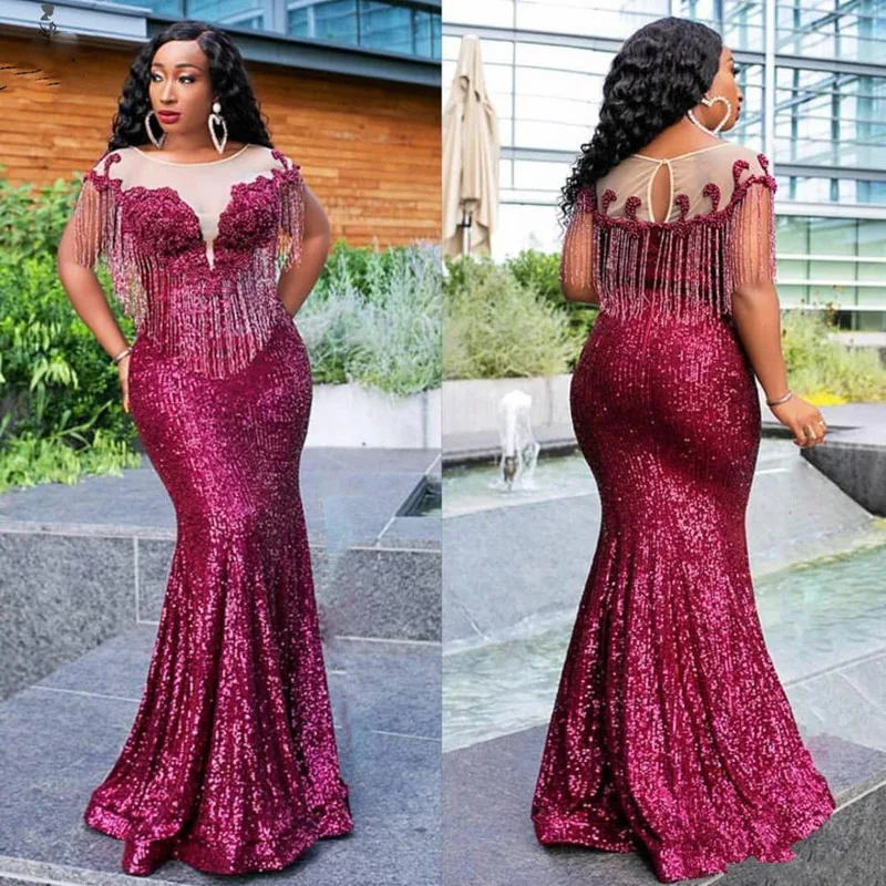 New Red Fuchsia Bling Sequins Evening Dresses Wear for Women Mermaid Cap Sleeves Sequined Lace Beading Formal Prom Dress | Свадьбы и