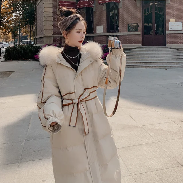 

Cotton Parkas Women Solid Casual Orange Striped Belt Sustans Warm Full Sleeve Fur Hooded 2021 New Winter Fashion