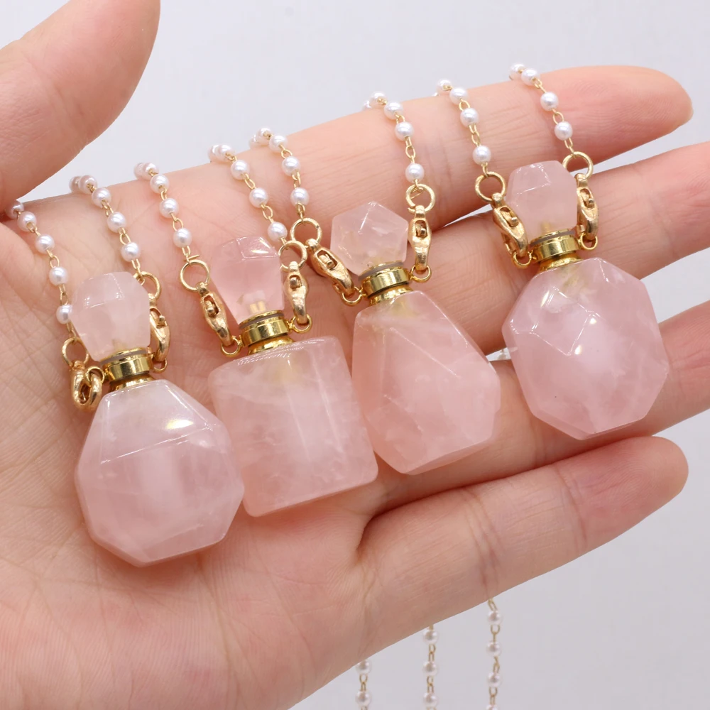 

New Rose Quartz Natural Semi-precious Stone Perfume Bottle Necklace Pendant Charm Free Pearl Chain 80CM for DIY Jewelry Making