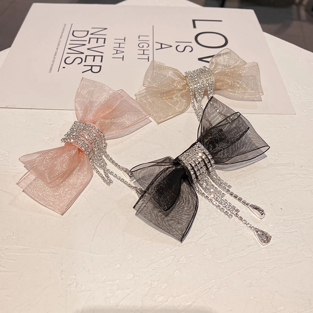 

Headwear New Rhinestone Sweet Women Tassel Bow Hair Clips Mesh Barrette Crystal Ponytail Holder