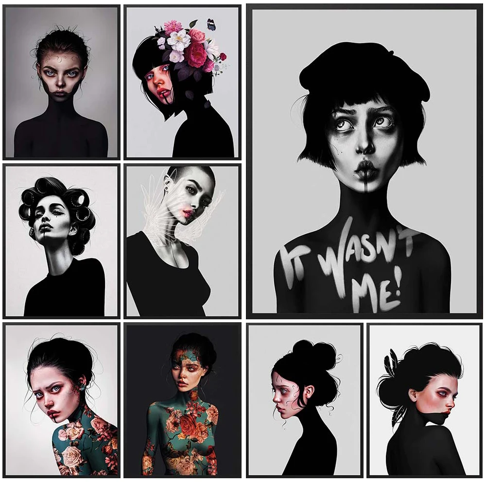 

Modern Black and White Women Flower Girl Nordic Poster Wall Art Canvas Painting Wall Pictures For Living Room Decor Unframed