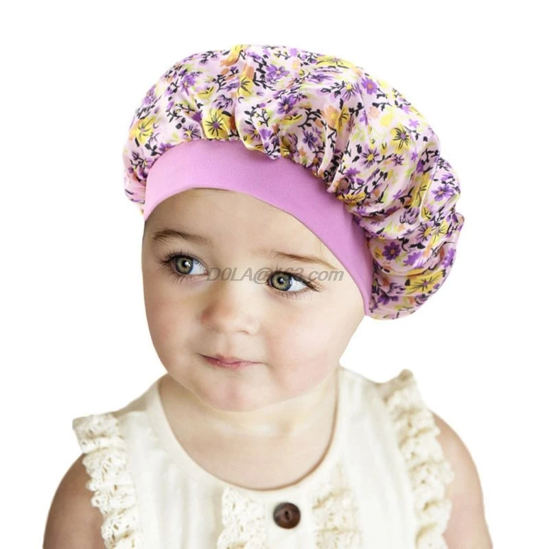 Cute Pattern Bonnet Night Sleep Cap for Children Kids Satin Wide-brimmed Elastic Turban Chemo Hat Girl boy Hair Care Accessories | Детская