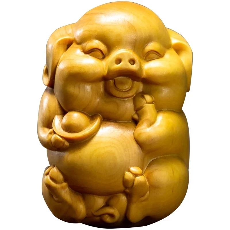 

6CM Boxwood Rich Pig Feng Shui Little Pig Zodiac Animal Mascot Sculpture Wooden Statues Home Decoration