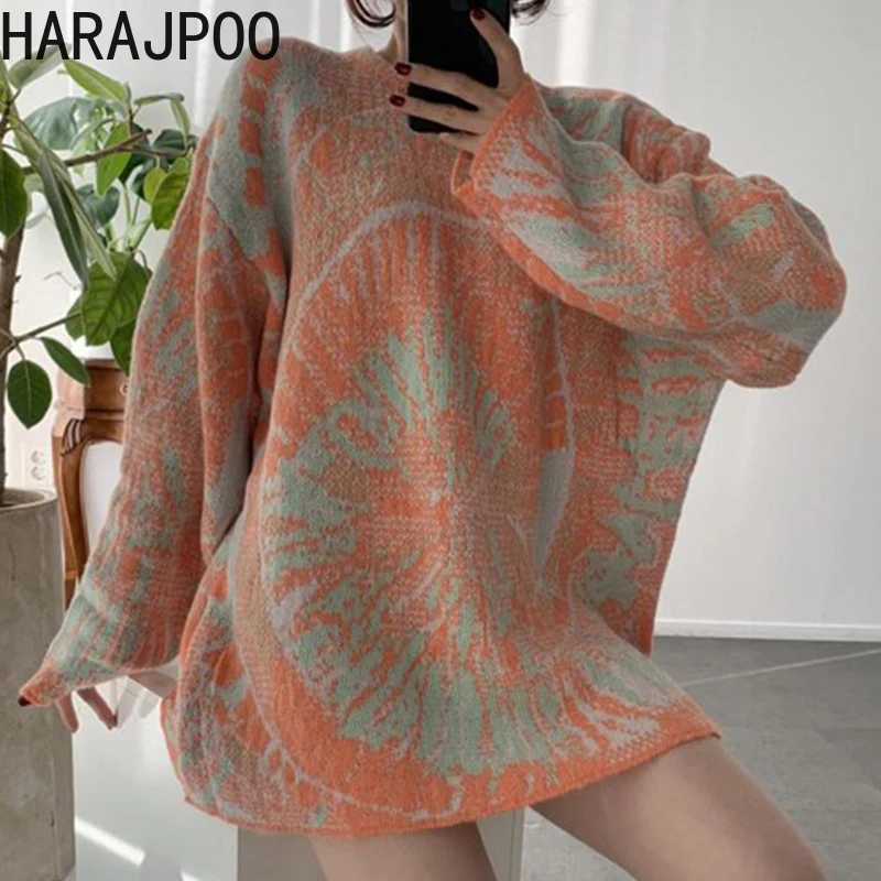

Женские свитера Harajpoo, уличный корейский осенне-зимний модный пуловер с круглым вырезом, шикарный Свободный вязаный свитер средней длины с р...