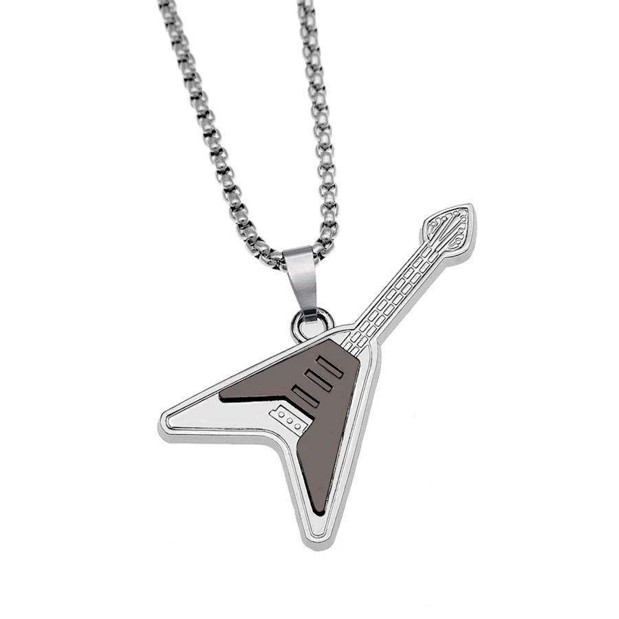 

Boutique Thickened Men Crystal Guitar Necklace Trend Unisex Musical Instrument Bass Pendant Jewelry Stainless O Chain Party Gift