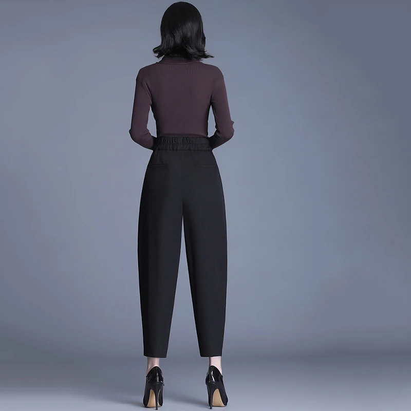 

Elastic Waist High Black Pleated Long Harem Trousers New Loose Fit Pants Women Fashion Tide Spring Autumn 2021 1DD0474