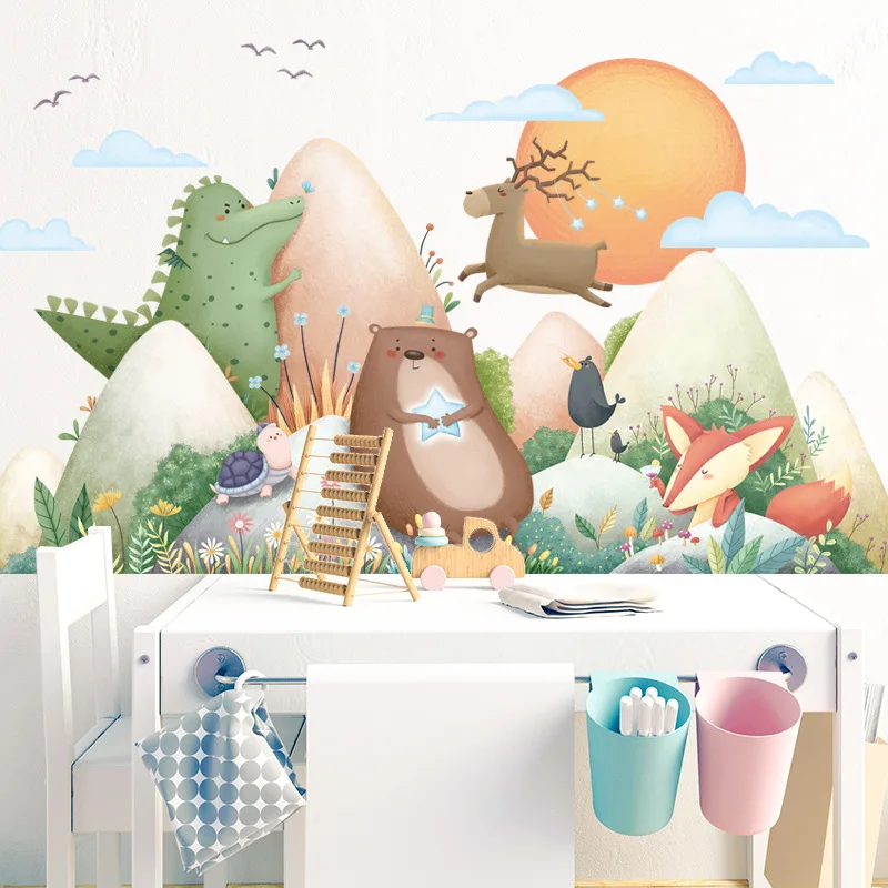

Cartoon Animals Mountain Wall Stickers Dinosaur Puppy Astronaut Space Wall Decals for Kids room Children Bedroom Wall Decor Home