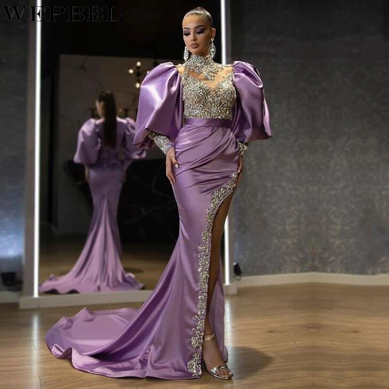 

WEPBEL Elegant Sequined Dress Women's Slim High Waist Stitching Dress Autumn Long Sleeve Turtleneck Solid Color Split Dress